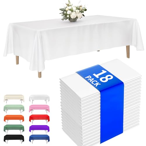 Fixwal Plastic Table Cloth Disposable 18 Pack, 54 x 108 Inch Table Cloths, Party, Picnic, Wedding, Decorative Tablecloths, Rectangle, White Plastic Cover, Leakproof & Sturdy, White