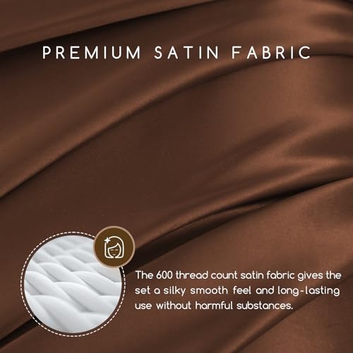 Image of MR&HM Satin Bed Sheets, Full Size Sheets Set, 4 Pcs Silky Bedding Set with 15 Inches Deep Pocket for Mattress (Full, Brown)
