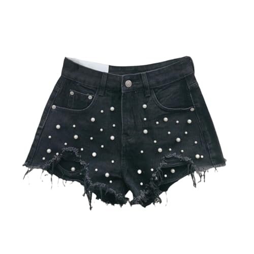 Short en jean taille haute femme déchiré et effiloché coupe large en denim