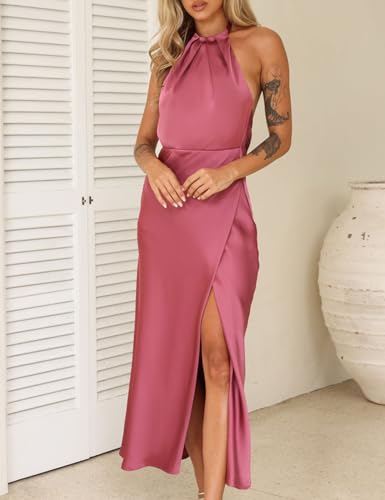 Image of 2026 Summer Satin Halter Neck Backless Slit Midi Dresses Elegant Cowl Back Ruched Wedding Guest Maxi Dress for Women