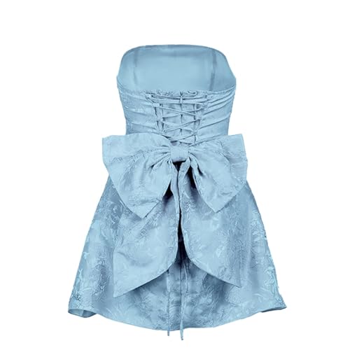 Image of BNGD Women's Solid Color Bustier Backless Bow Dress Sexy Jacquard Strappy Mini Skirt(Blue,Medium)