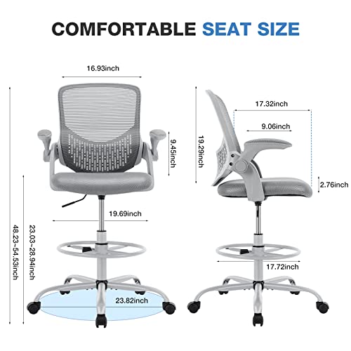 Drafting Chair - Tall Office Chair For Standing Desk Mesh Chair With Mid-Back And Height Adjustable Swivel Chair With Lumbar Support And Flip-Up Armrests For Adults #TOP1