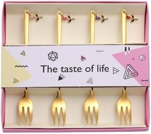 Silverware Flatware Set, 4/16/24/32/40/48 Pieces Rose Pendants 304 Stainless Steel Fork Fruit Fork Box Set Creative Valentine's Day Tableware,Gold-10Set-40Pcs