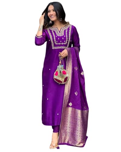 The Red Lion Enterprise Partywear wedding Function wear Anarkali Dress, Alia cut kurti pant and Dupatta 3pc set for women (US, Alpha, Large, Regular, Regular, Violet)