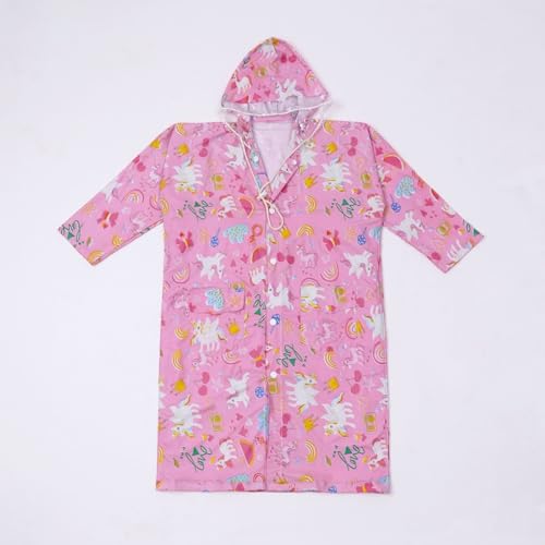 Image of Haus and Kinder Kids Raincoat with Hood - 1 Waterproof, Pink, Age 6-10, with Pockets (Puddlecorn Series)
