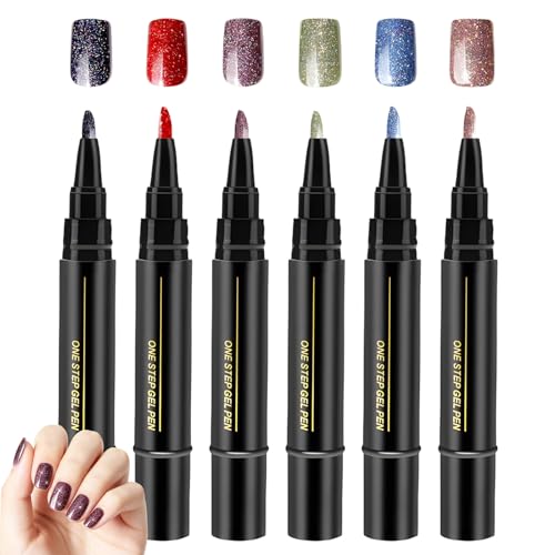 6 Pcs Nail Polish Pens 3 In1 Glitter Gel Nail Varnish Pens One Step Quick Dry Nails Polish Pen for Home DIY and Professional Use