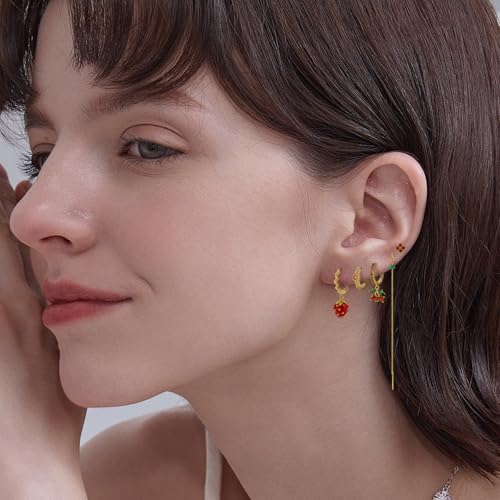Sweet Red Cherry Strawberry Earrings Set for Women 14K Gold Plated Cubic Zirconia Huggie Hoop Earrings Long Tassel Chain Dainty Flower Earrings for Multiple Piercing Fun Fruit Jewelry Gifts for Women