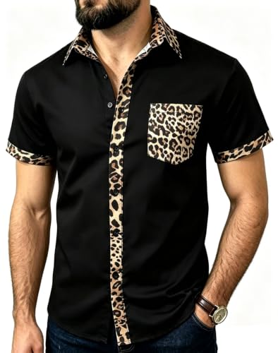 JG JENNY GHOO Men's Leopard Cheetah Print Shirt Short Sleeve Casual Button-Down Shirts