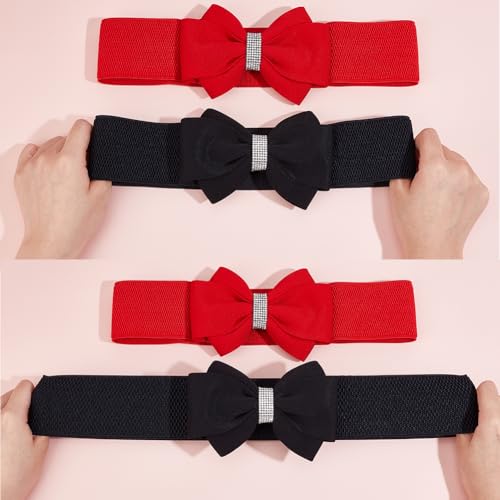 CRASPIRE 2 Colors Elastic Bow Belts Black Red Cloth Bowknot Stretch Sash Tie Elastic Chain Waist Belt Band Vintage with Synthetic Rhinestone for Women Ladies Wedding Trench Coat Overcoat Decorative3