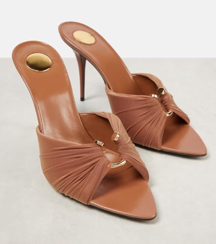 Brown Mules High Heel Sandals for Women Sexy Pointed Toe Slip-On Stilettos Metal Buckle Ruched Design Sandal Shoes for Versatile Summer Outfits3