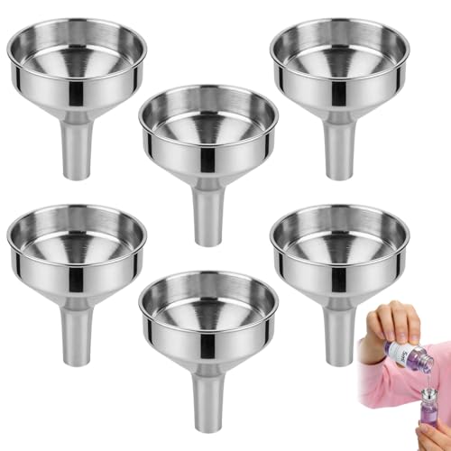 HYFZOD Lot de 6 Mini Entonnoirs en Acier Inoxydable, Petit Entonnoir Métallique pour Flacon Parfum et Cuisine, Remplissage Précis de Petites Bouteilles (Argenté)