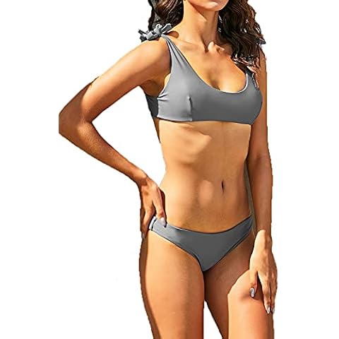 HYTENSUN Women's Tie Knot Shoulder Criss Cross Padded Strappy Bandage 2 Piece Bikini Set Swimsuits - grey - Small Cover