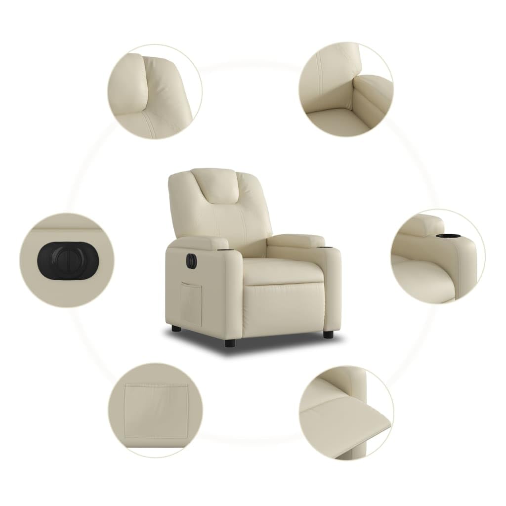 Sillón de relax eléctrico de piel sintética con función reclinable, 135 grados, soporte para bebidas y bolsillo lateral, marco de madera y metal, soporta hasta 110 kg, color crema
