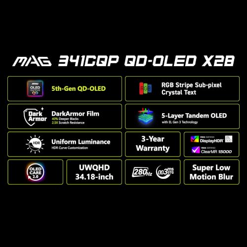 Image of msi MAG 341CQP QD-OLED X28 34 inch UWQHD Tandem QD-OLED Monitor,3440x1440,1800R,RGB Stripe,DarkArmor Film,Uniform Luminance,280Hz,0.03ms,AI Care Sensor,AMD FreeSync Premium Pro,NVIDIA G-SYNC Compatible