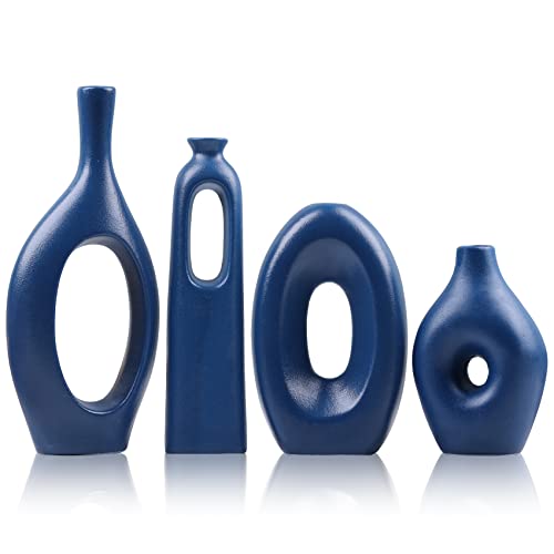 Juego de 4 Jarrones de Cerámica Azul: Redondos Huecos Bohemios para Decoración de Hierba de las Pampas y Flores, Minimalistas Modernos para Sala de Estar, Dormitorio
