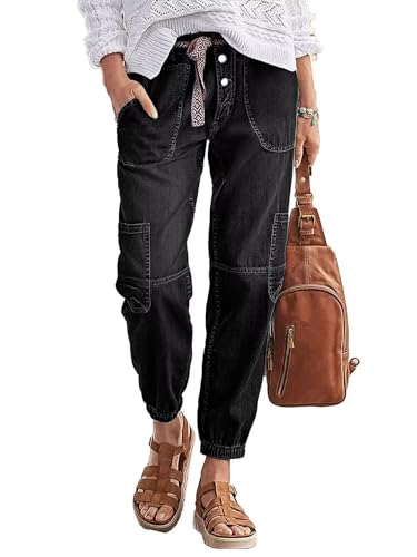 Flamingals Straight Leg Button Fly Jeans for Women Multi Pocket Mid Rise Jeans Without Belt Denim Pants Black L