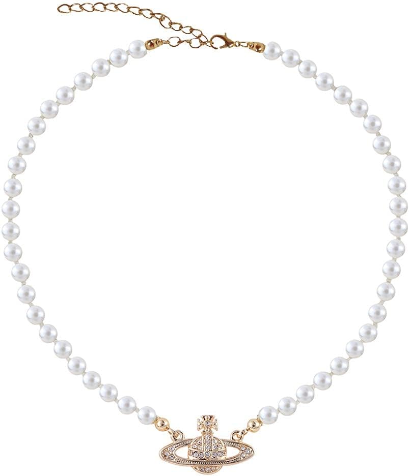 Saturn Pearl Necklaces White Planet Crystal Rhinestone Necklace, Pearl Orb Choker, Minimalist Jewelry Best Friend Girlfriend Birthday Anniversary