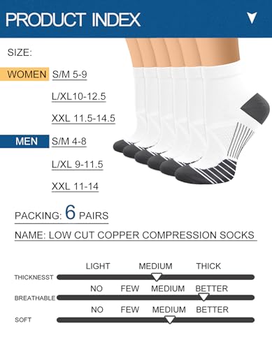 Image of Sooverki Copper Compression Socks Women and Men 6 Pairs - Circulation Arch Support Plantar Fasciitis Running Ankle Socks