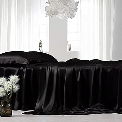 Bedify Bedding 100% Pure Silk Satin Flat Sheet Fitted Sheet 16"to18" Deep Pocket Mattress fit Silk Flat Sheet Pillowcases Set Cool Soft Silk Sheets|Wrinkle Free Fade Resistant (California King, Black) Cover