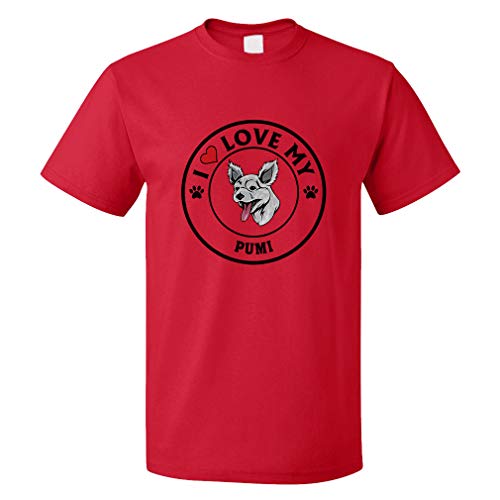 Custom Funny Graphic T Shirts for Men I Love My PUMI Dog Style A Cotton Top Red Design Only 2X Large