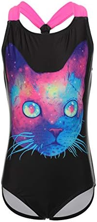 Dayu Girl's Cat Print One Piece Bathing Suits Beach Sports Swimsuits, Black, 10-12
