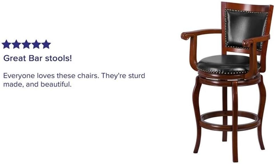 Flash Furniture Vestina 30" LeatherSoft Barstool with Footrest and Arms, Classic Ladder Back Upholstered Bar Height Stool, Cherry Wood/Black