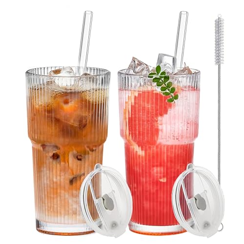 La Mejor Lista de Vasos para té y café de esta semana. 41 2 Vasos de Vidrio Tapa y Popote,Vaso de Vidrio Acanalados 20oz, Vaso para Beber, Vasos para Beber para Tazas de Café Helado Jugo té con Leche