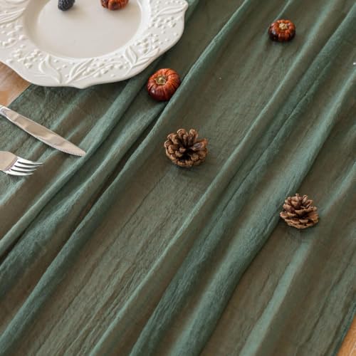 Image of 2Pcs Forest Green Cheesecloth Table Runner 120 Inches for Party Home Decor | Ideal for wedding baby shower bridal shower birthday engagement party,or adding rustic boho charm to daily home.