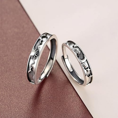 Image of Beydodo 925 Silver Rings Custom Adjustable Sun and Moon Matching Rings Engraved I Love You Couples Rings Wedding