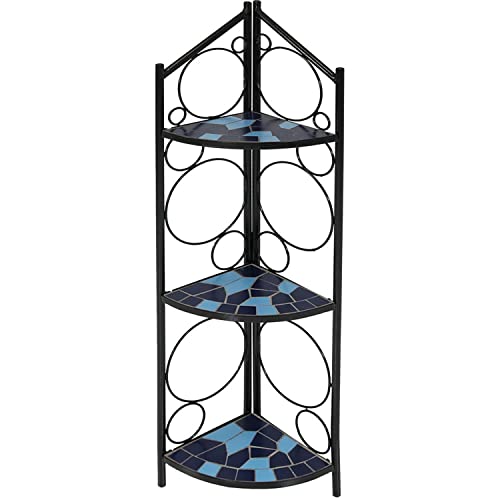 Sunnydaze 3-Tier Folding Mosaic Plant Stand, Indoor/Outdoor Metal Corner Flower Pot Shelf, 44 Inch Tall, Blue #TOP23