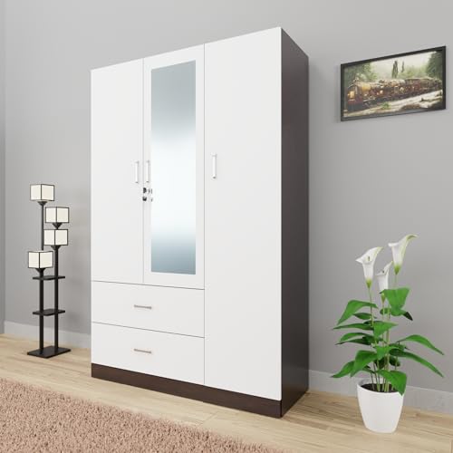Image of VIKI Wardrobe | Wooden Almirah for Clothes,Door for Bedroom, 3 Door Wardrobe with Drawer, Mirror & Hanging Space (Dark Wenge, Frosty White - 40D x 120W x 180H) | 1 Year Warranty | Free Assembly