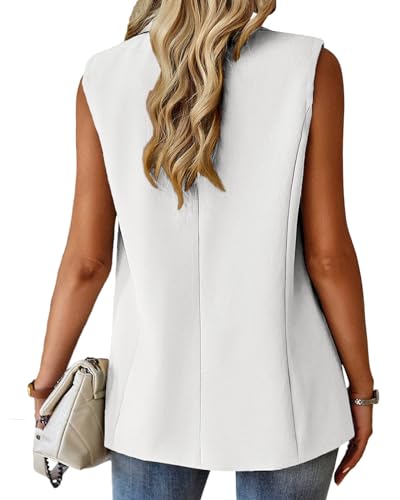 Mina Self Sleeveless White Blazer Vest for Women - Lightweight Business Casual Work Blazers - Loose Suit - L