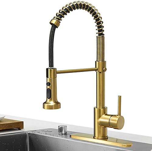 Hoimpro Brushed Gold High Arc Spring Kitchen Faucet with Pull Down Sprayer, Commercial Rv Single Lever Kitchen Sink Faucet,3 Function Single Handle Laundry Faucet, Brass/Brushed Gold (1 or 3 Hole)