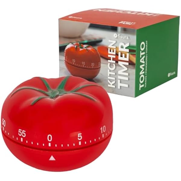 Fisura – Oryginalny minutnik kuchenny w kształcie pomidora. Timer ręczny analogowy 60 minut. Pomoc do gotowania, nauki, zabawy i pracy metodą Pomodoro.