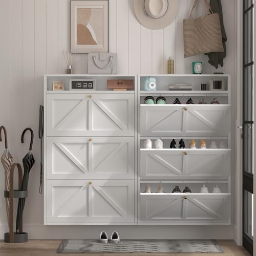 Image of Modern Slim Shoe Organizer, 3 Flip Shoe Cabinet with Open Storage, Narrow Shoe Rack for Entryway, Front Door, Living Room, White
