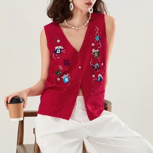 Image of Women Christmas Knit Vest Top Santa Embroidery Sleeveless Button Down Sweater Vest Xmas Snowman Cardigans Tank Top