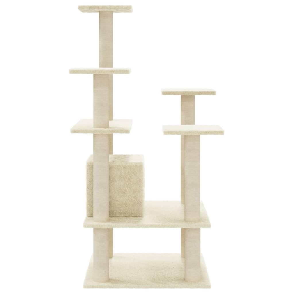 Kratzbaum 110 cm mit Sisal-Kratzsäulen und Höhle Creme | Stabiler Kletterbaum fürs Wohnzimmer mitgemütlicher Katzenhöhle und weichen Aussichtsplattformen in Creme.
