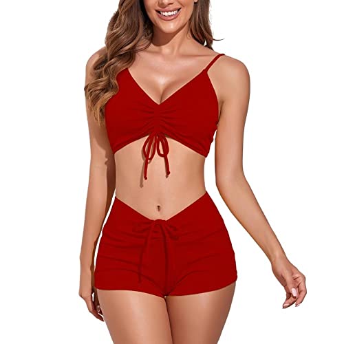 meioro Solider Badeanzug für Damen Bikini-Shorts zum Binden vorne Zweiteilige Badebekleidung Sportliche Badeanzüge Badea...