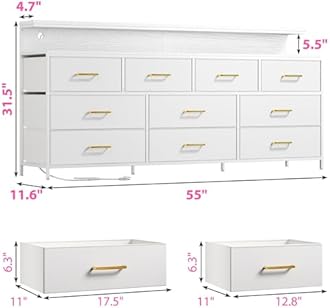 EnHomee 55" W White Dresser for Bedroom with 10 Fabric Drawers Long Dressers & Chests of Drawers with LED Lights & Power Outlets Large Dresser for Bedroom for Hallway, Metal Frame, White