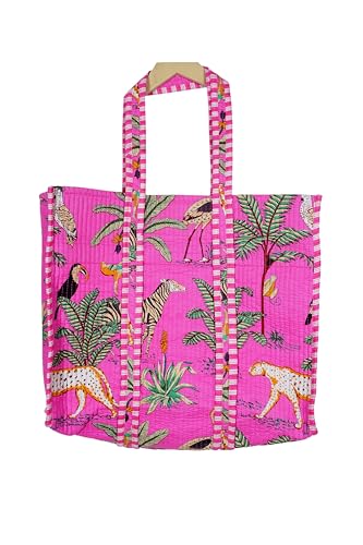 Image of Quilted Cotton Hand printed Reversible Large multicolor cotton Tote Bag,Indian Handmade Block Printed Tote Bag Women Handbag