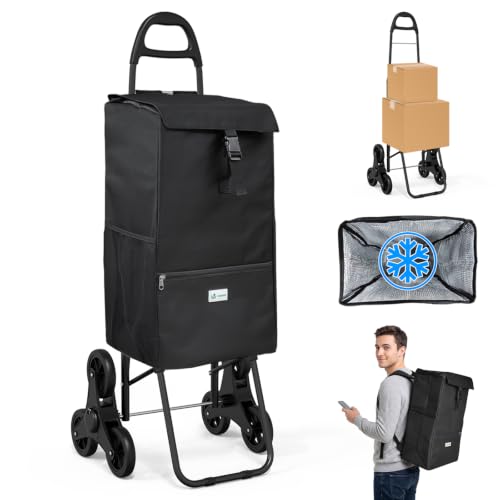 VOUNOT Einkaufstrolley Treppensteiger mit Kühlfach, Einkaufswagen Klappbar mit 3 Räder, 40 L...