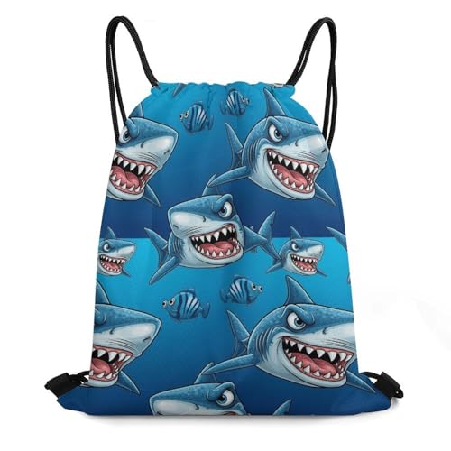 Portable Ocean Sea Animals Shark String Backpack for Outdoors, Unisex Cool Compact Shoulder Backpack for Office, Gym, Large Capacity Drawstring Backpack