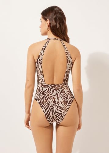Woman's One Piece Swimsuit Brown Zebra3