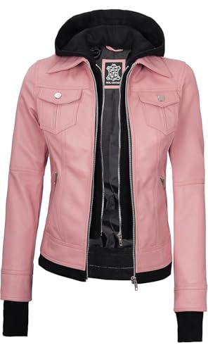 Image of Womens Leather Jacket with Detachable Hood - Real Lambskin Bomber Jacket Thumbholes Women