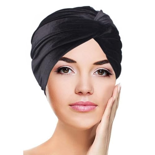 Velvet Turban Chemo Beanie For Woman,Pre Tied Head Wrap Cap Cotton India Headwear For Cancer Patient (Black) #TOP6