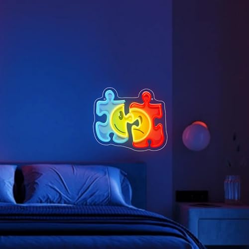 Image of Puzzle LED Neon Sign USB Powered for Wall Decor, Puzzle Neon Night Light Sign Dimmable for Room Party Decor Birthday Gifts