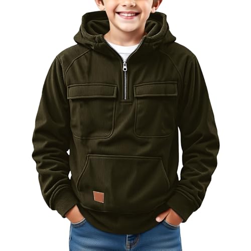 Boys Corduroy Hoodies Quarter Zip Up Pullover Jacket Sweatshirts Long Sleeve Athletic Outdoor Sports Hoodie With Pockets