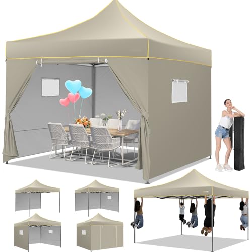 COBIZI 10x10 Pop Up Canopy Tent, Easy Setup Canopy with Sidewalls Waterproof & UPF 50+, Heavy Duty Commercial Instant Craft Fair Tent for Party, Event, Vendor, Farmer Market(Khaki)