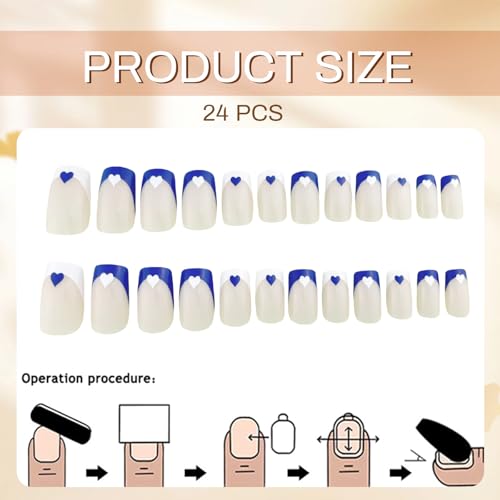 GlamRays Lot de 24 faux ongles press on nails, courts, moyens, carrés, bleu-blanc, avec accents de cœur, réutilisables, en acrylique, motif de cœur bleu – vue 2