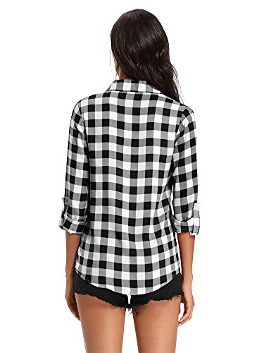 Aeslech Lightweight Plaid Shirts For Women Button Down Roll Up Sleeve Casual Tops Blouse B White Xs #TOP1